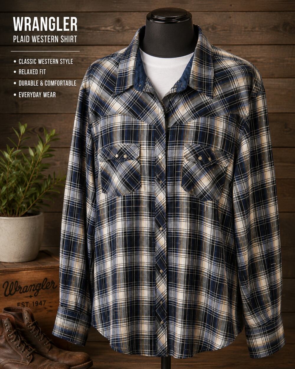 WRANGLER RETRO SHIRT MENS 2XLT XXL BLUE PLAID PEARL SNAP WESTERN COWBOY TRUCKER